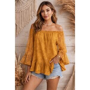 Cupio Rust Floral Off The Shoulder Blouse with Ruffle Sleeves and Hem Size XS